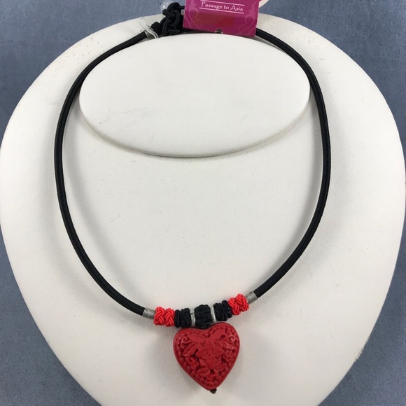 Passage to Asia Cinnabar-Style Lacquer Resin Carved Heart Shape Pendant Necklace - Picture 2 of 6
